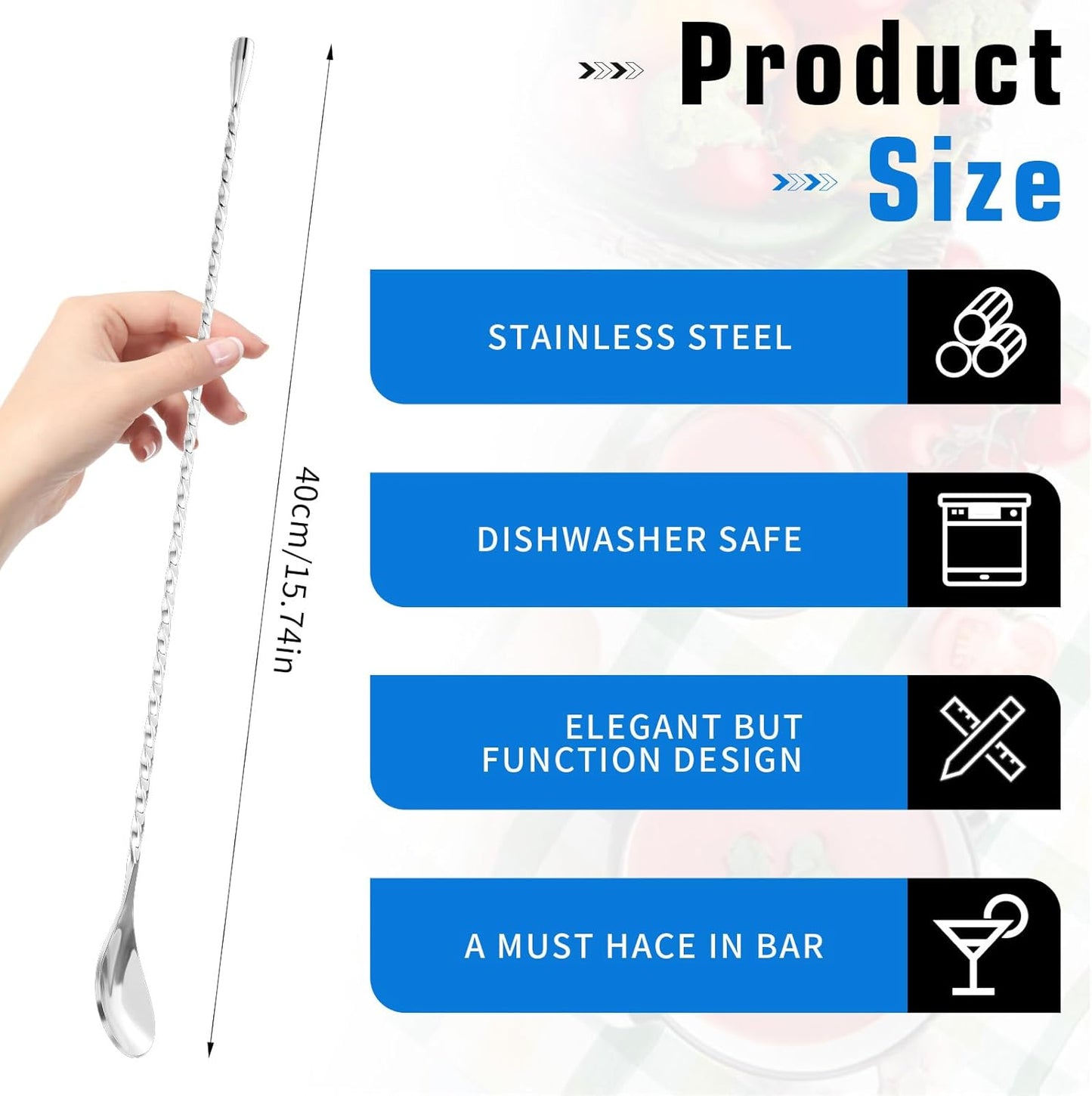 cobee 6 Pcs 15.7 In Cocktail Spoons, Stainless Steel Extra Long Bar Spoon Spiral Mixing Stirrer Drink Shaker Spoon for Tall Cups Cocktail Shaker(Silver)