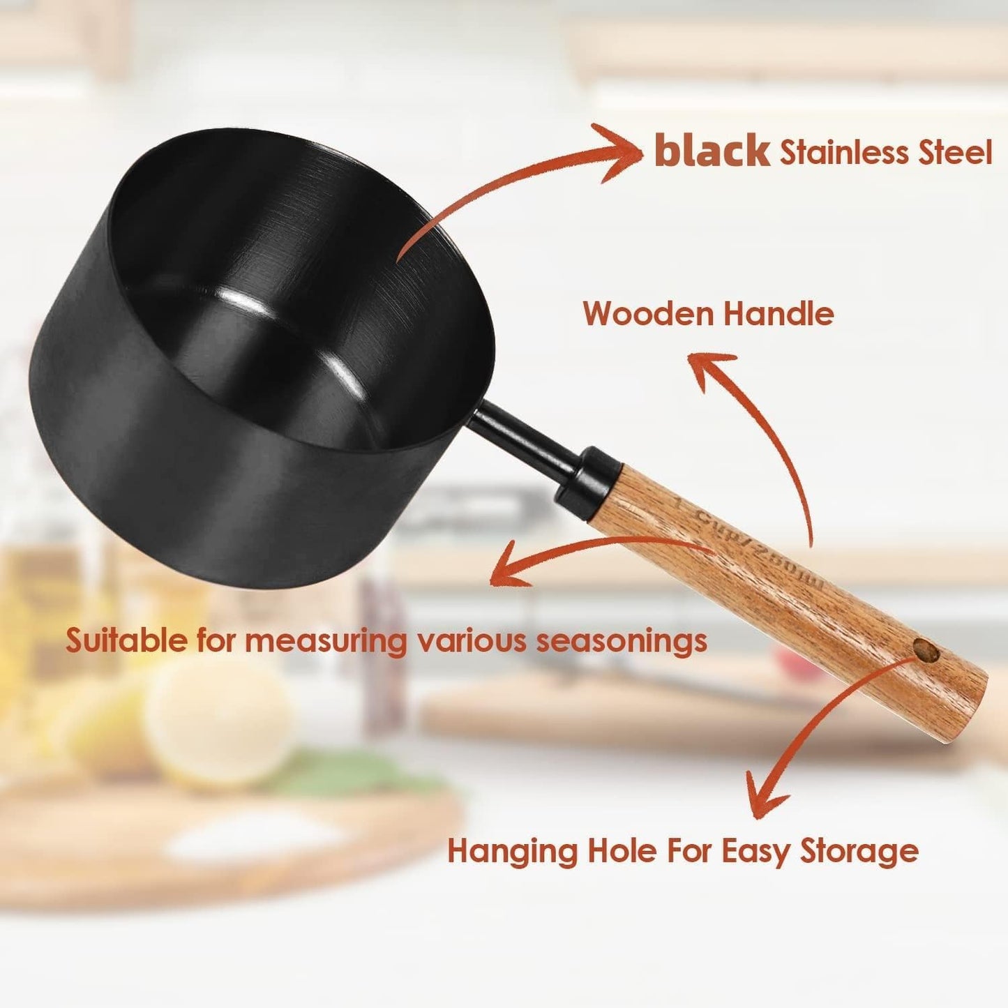 Collection 8 Piece Black Measuring Cups Set and Measuring Spoons, Golden With fragrant wood Handles-Complete Set of Measure Cups and Spoons For Cooking and Baking.