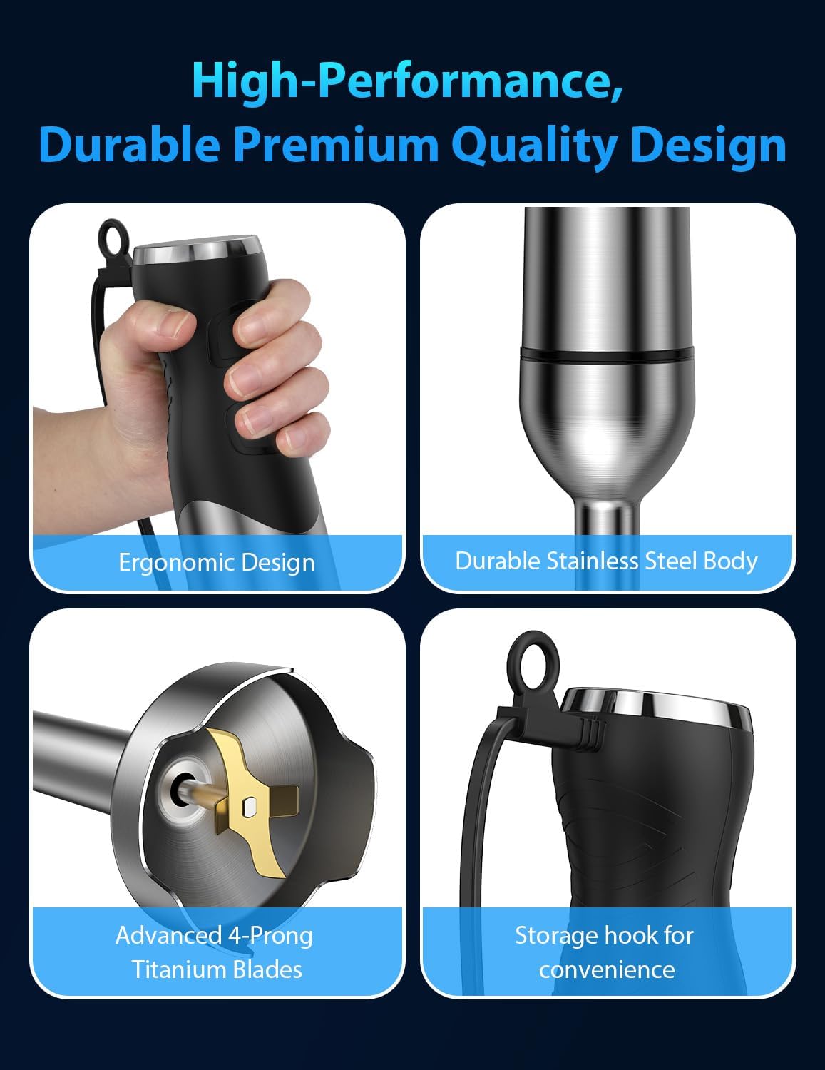 Immersion Blender Handheld Hand Blender, Speed Settings, Stainless Steel, Black