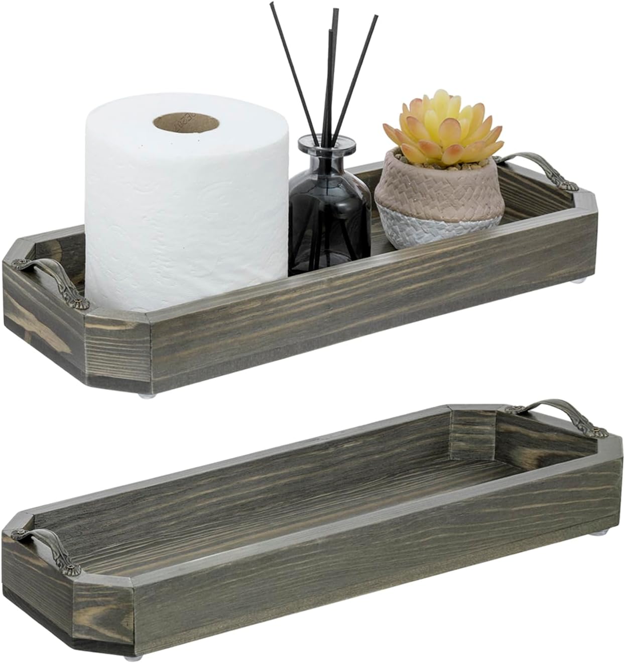 MyGift 2 Piece Narrow Wooden Vanity Tray, Vintage Gray Solid Wood Toilet Tank Tray, Decorative Octagonal Cosmetic Organizer with Antique Metal Handles