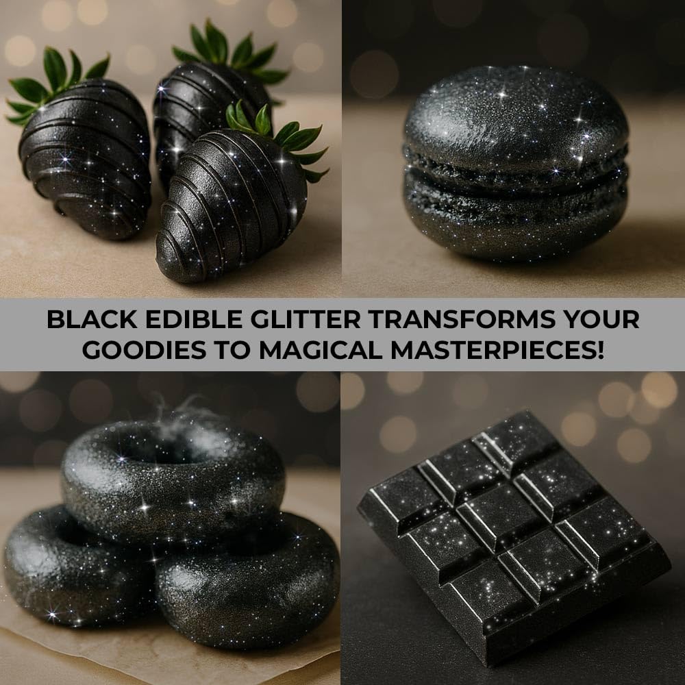 Bulk 20g Black Edible Glitter for Drinks | Premium Edible Glitter for Cakes, Cocktails, Black Cake Decorating Decorations Food Grade, Vegan, Kosher, Halal, Gluten Free - Made in USA