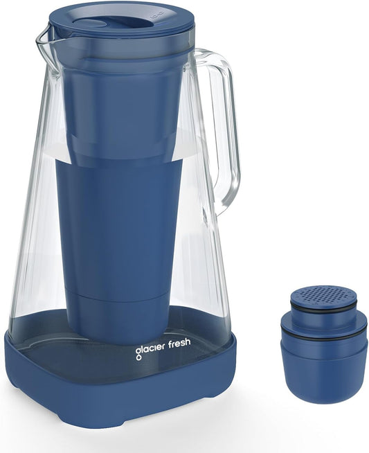 GLACIER FRESH 10 Cup Glass Water Pitcher with 1 Filter of 3X Flow Rate, Purela Glass Pitcher with 5-Stage Filtration Technology, Reduces 99% Chlorine and Improve Taste, Bpa Free, Blue