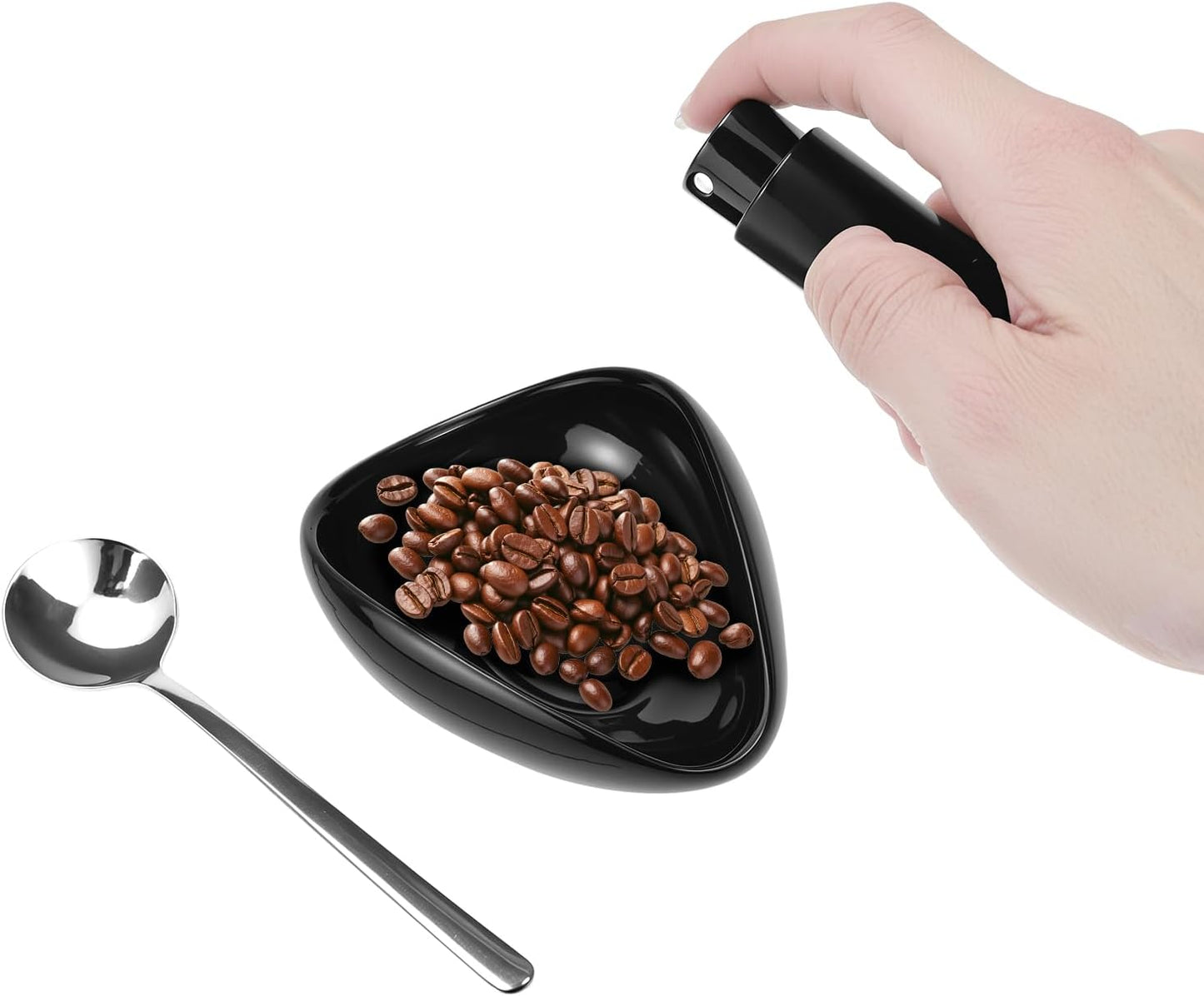 QWORK Coffee Bean Dosing Cup and Spray Bottle Kit - Ceramic Tray with Aluminum Glass Sprayer and Spoon for Baristas and Espresso Enthusiasts