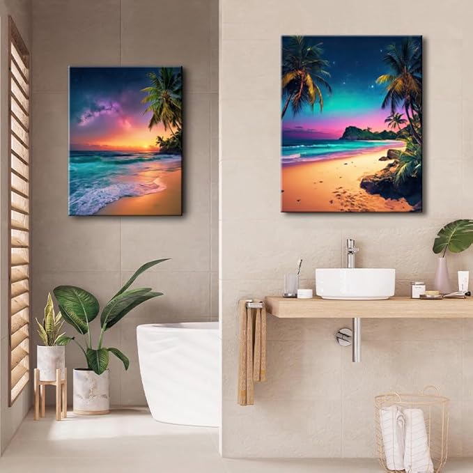 weiyiart 3-Piece Tropical Beach Wall Art, Northern Lights Ocean Sunset Canvas - Image 7