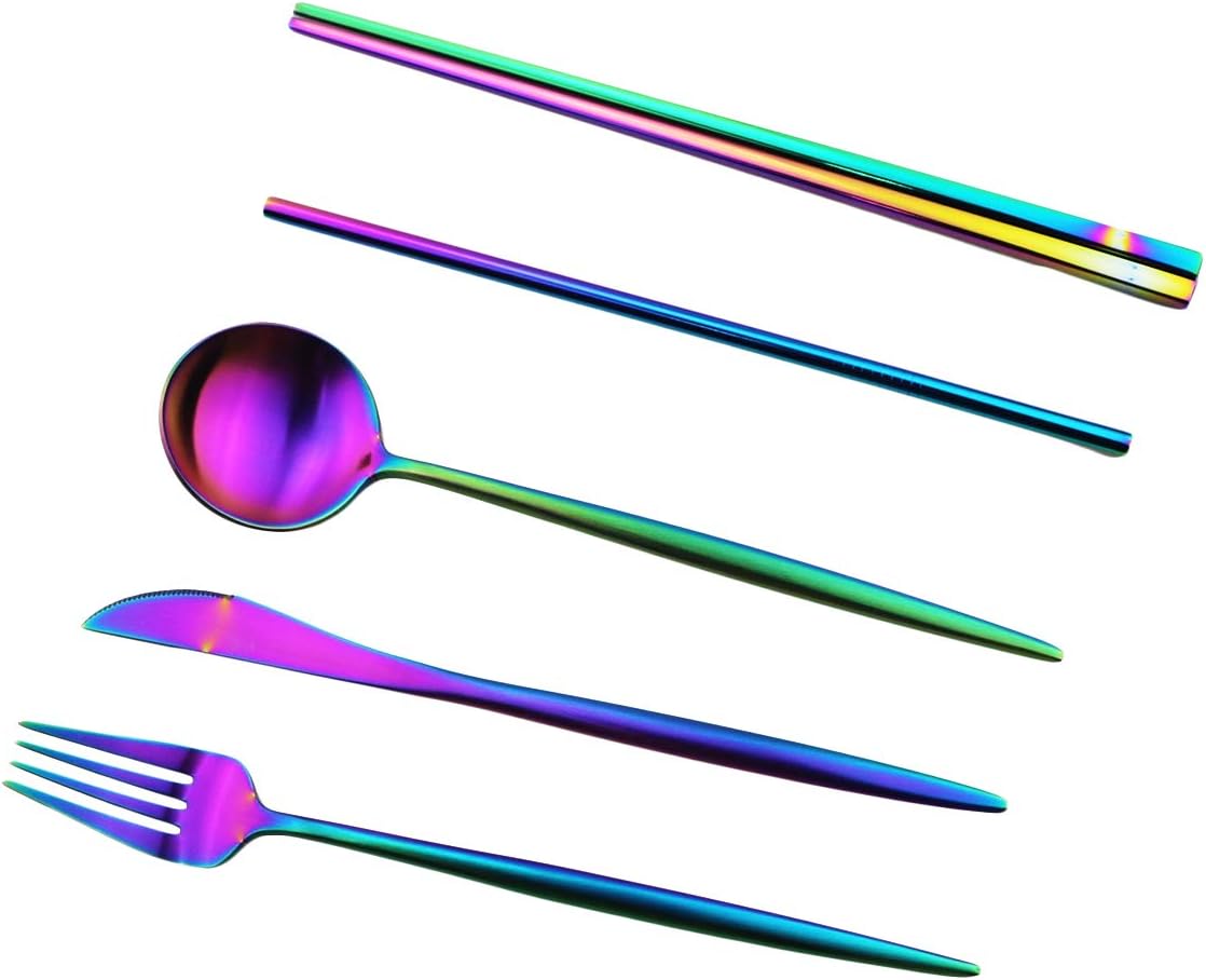 Gugrida Reusable Travel Utensils, 7 Piece Portable 304 Stainless Steel including Knife Fork Spoon Chopsticks Cleaning Brush Straws Portable Pouch, Eco-friendly Camping Silverware Set, Dishwasher Safe