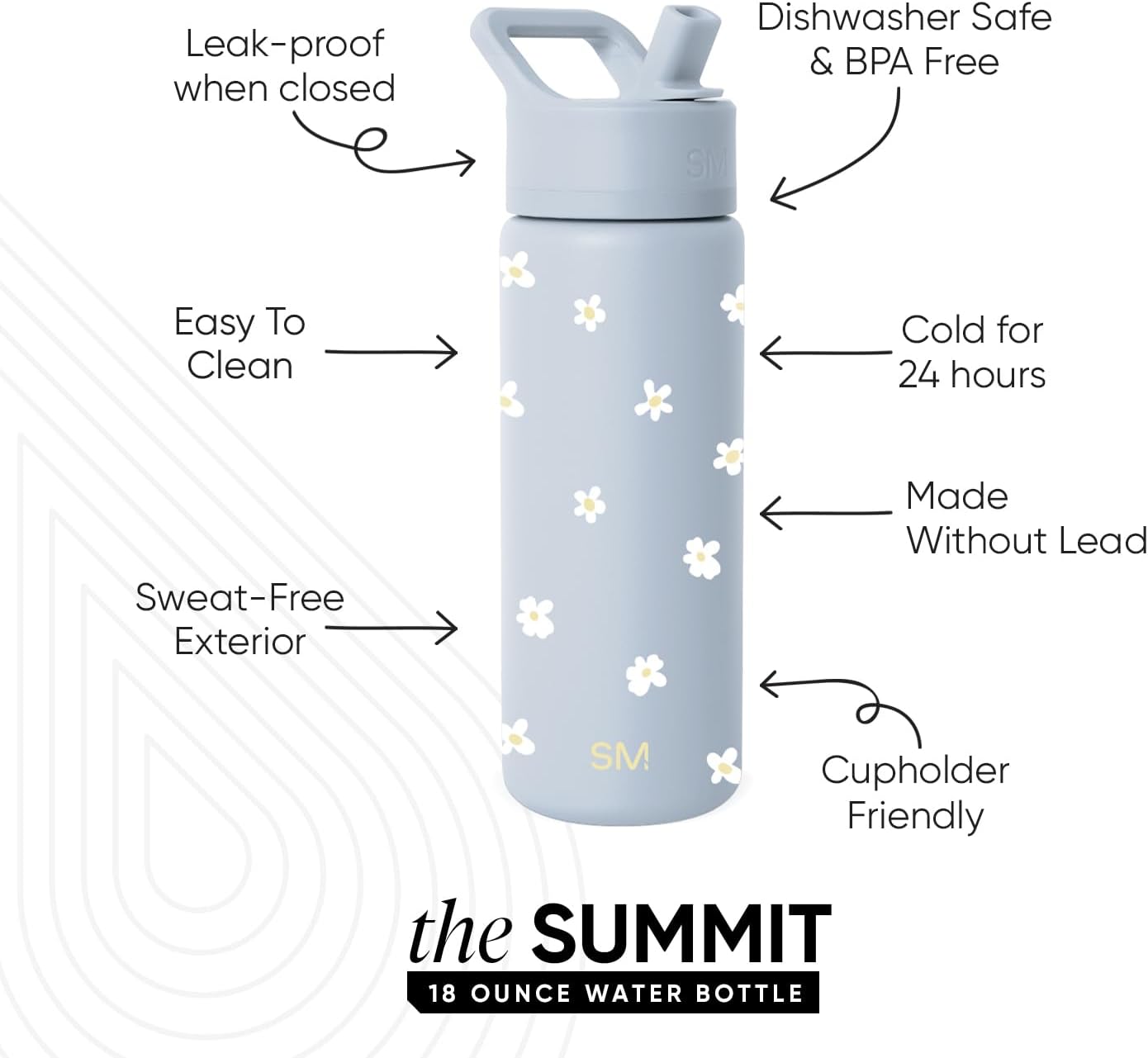 Simple Modern Kids Water Bottle with Straw Lid | Vacuum Insulated Stainless Steel Metal | Reusable Leak Proof BPA-Free Thermos for School | Summit Collection | 18oz, Sweet Daisy on Blue
