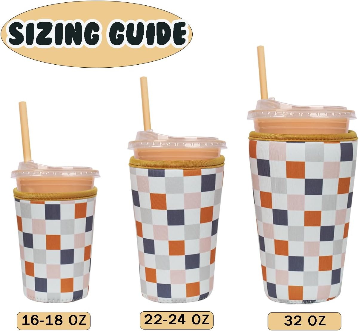 Reusable Insulated Neoprene Iced Coffee Cup Sleeve, Durable Drink Sleeve for Cold Beverages, Beverage Holder for Iced Coffee, Muted Grid