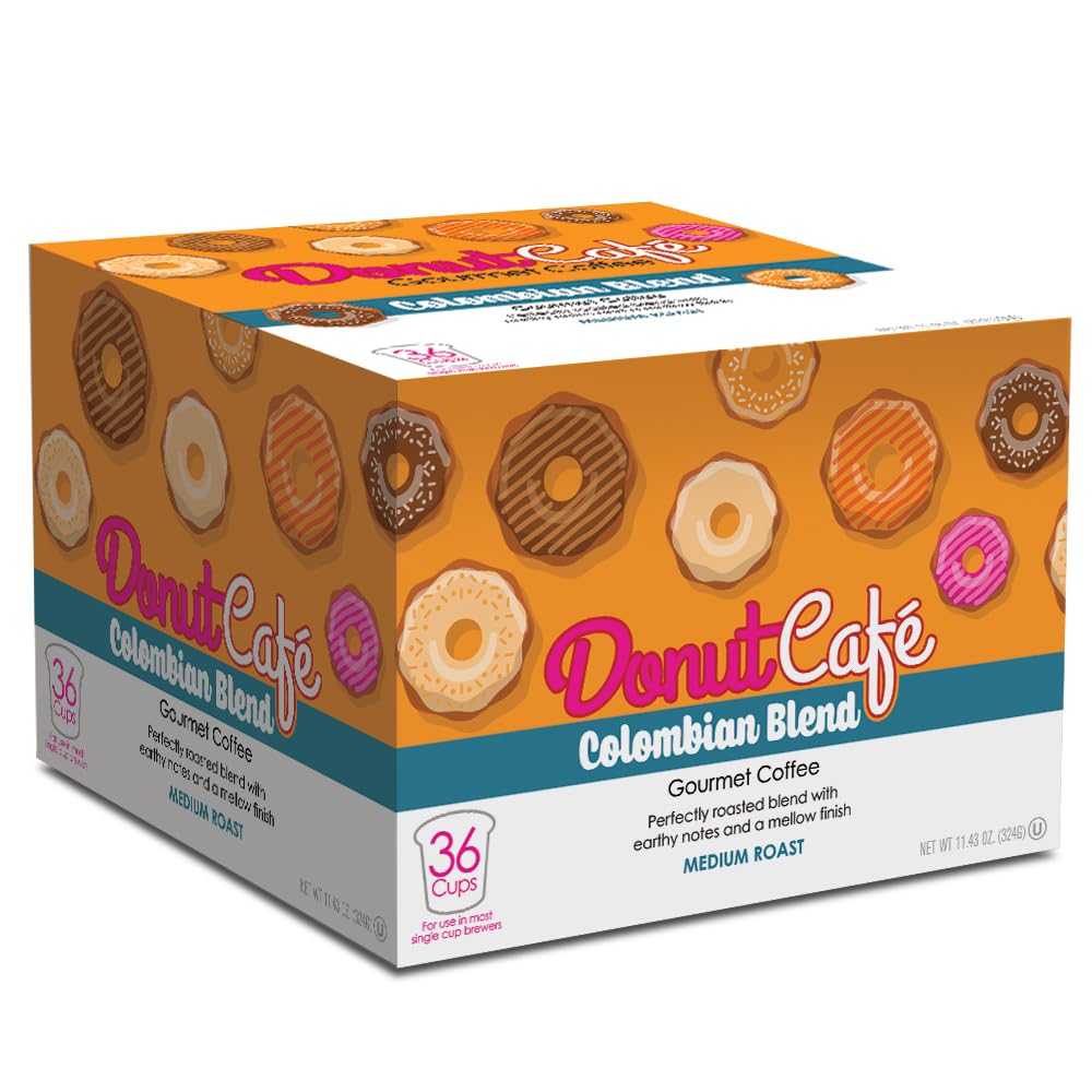 Donut Café - Coffee Gourmet Pods, Colombian Blend, Medium Roast – Non-GMO, Gluten Free – Compatible with Keurig K Cup Brewers – Smooth & Delicious – 36 Count