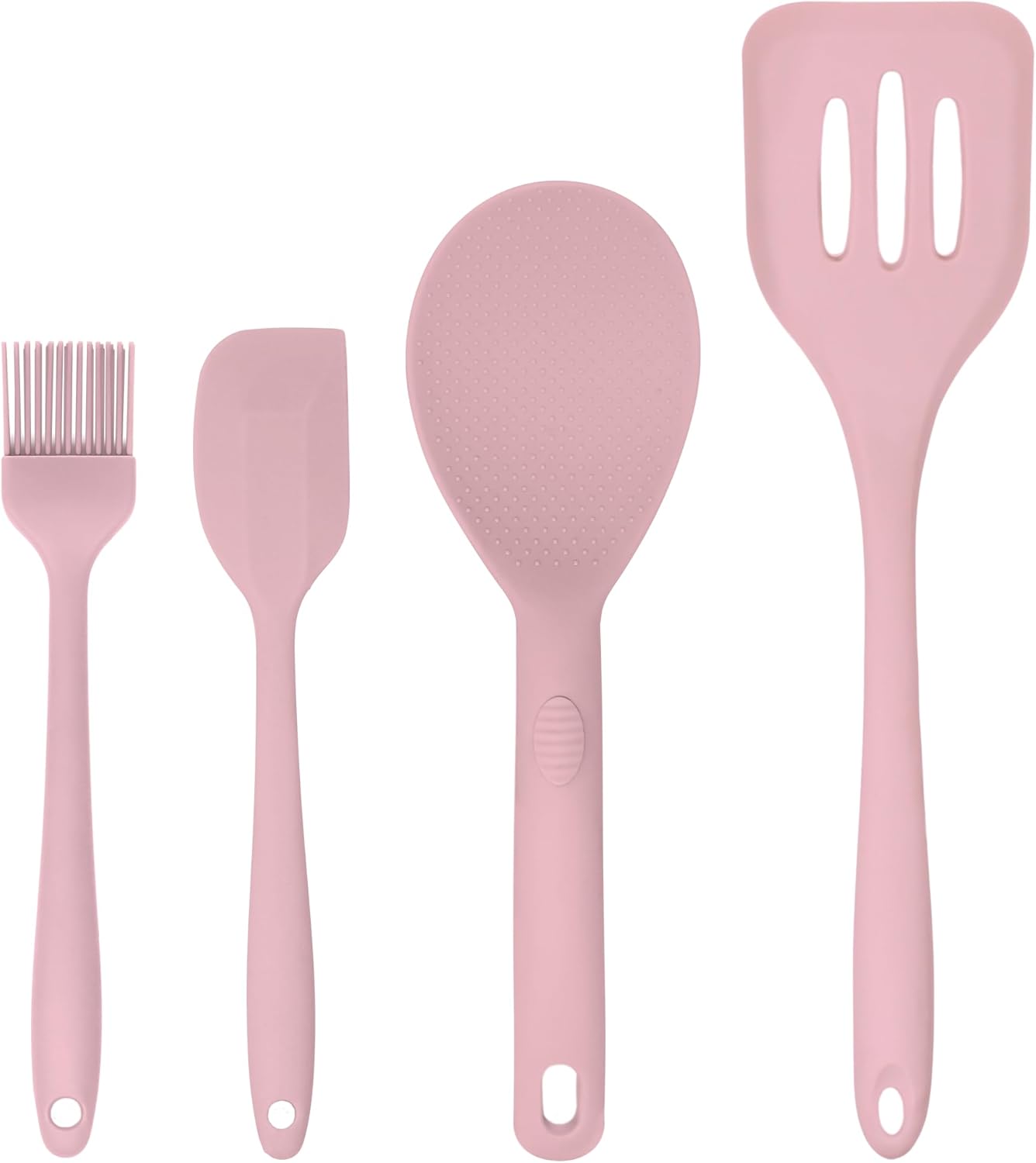Silicone Utensils 4-Piece Set – Rubber Spatula, Pastry Brush, Slotted Turner, and Rice Paddle – Complete Heat-Resistant Set for Non-Stick Cookware – Kitchen Tools for Cooking and Baking – Pastel Pink