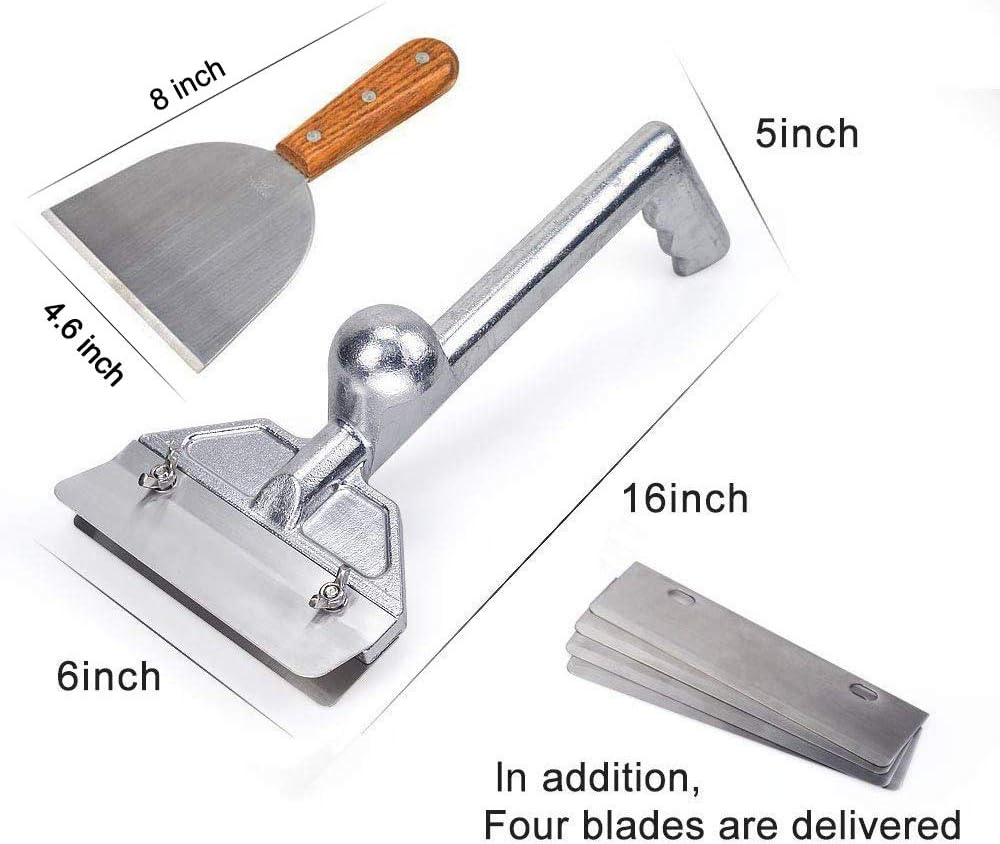 Grill Scrapers, Heavy Duty Casting Aluminum Commercial Griddle Scraper with 5 Blades and Small Slant Edge Grill Scraper