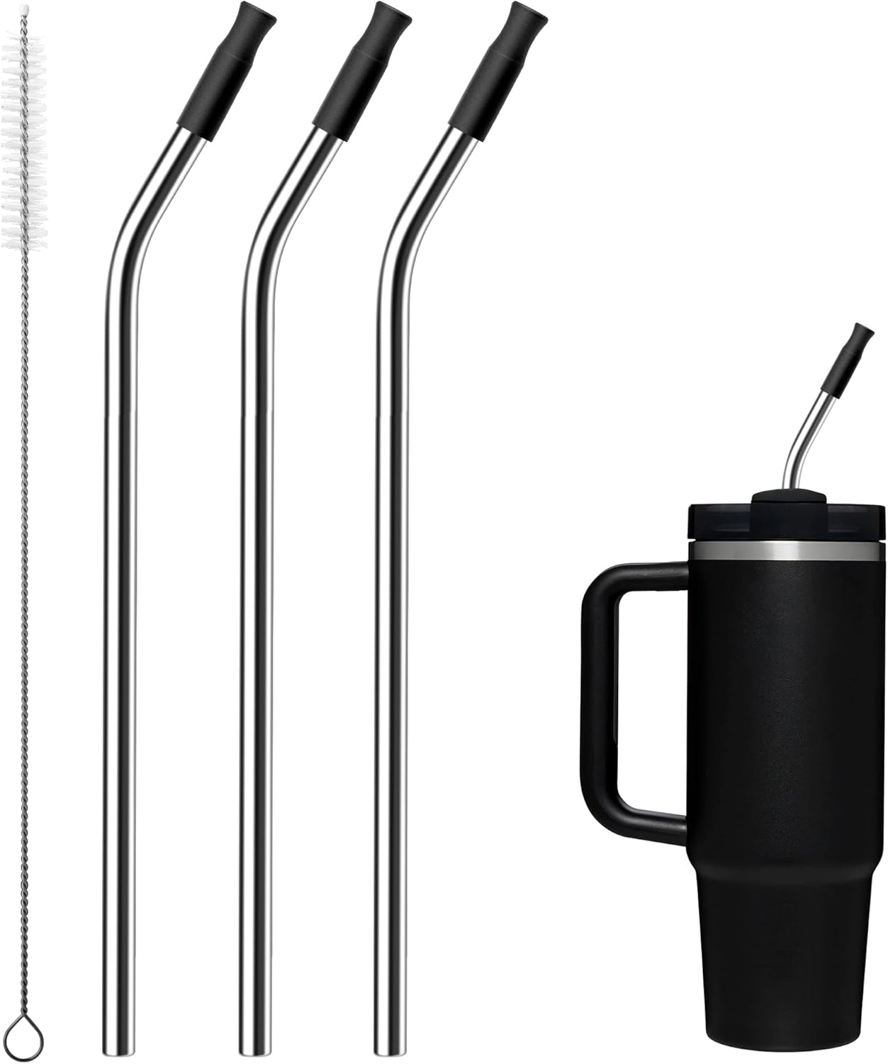 Reusable Stainless Steel Straws with Silicone Tip for Stanley 30oz, Metal Drinking Straws for 30oz Tumbler,3 Bent Tubes & 6 Tips& 1 Cleanr Brush (Black)