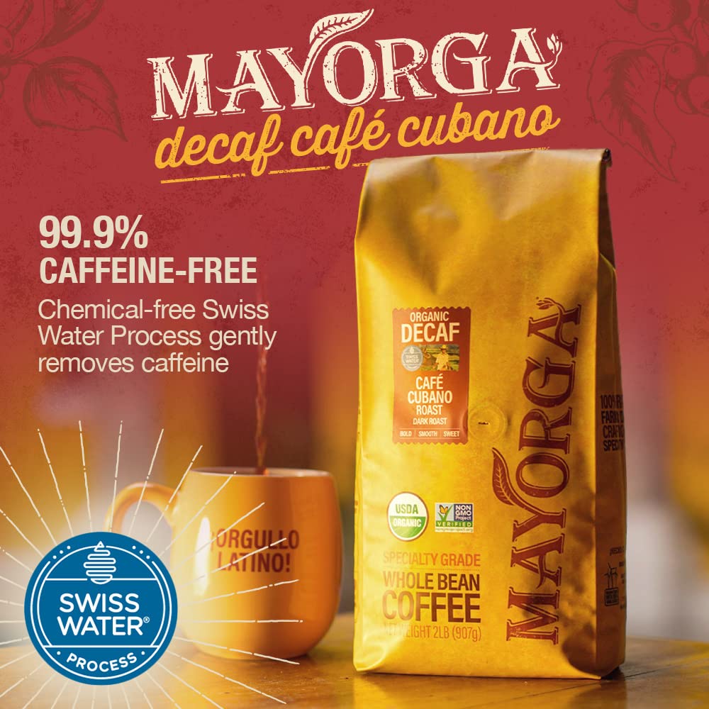 Mayorga Decaf Dark Roast 5lb Bag Cafe Swiss Water Decaffeinated Cubano Roast 100% Arabica Whole Coffee Beans - Smoothest Organic Coffee - Specialty Grade, Non-GMO, Direct Trade