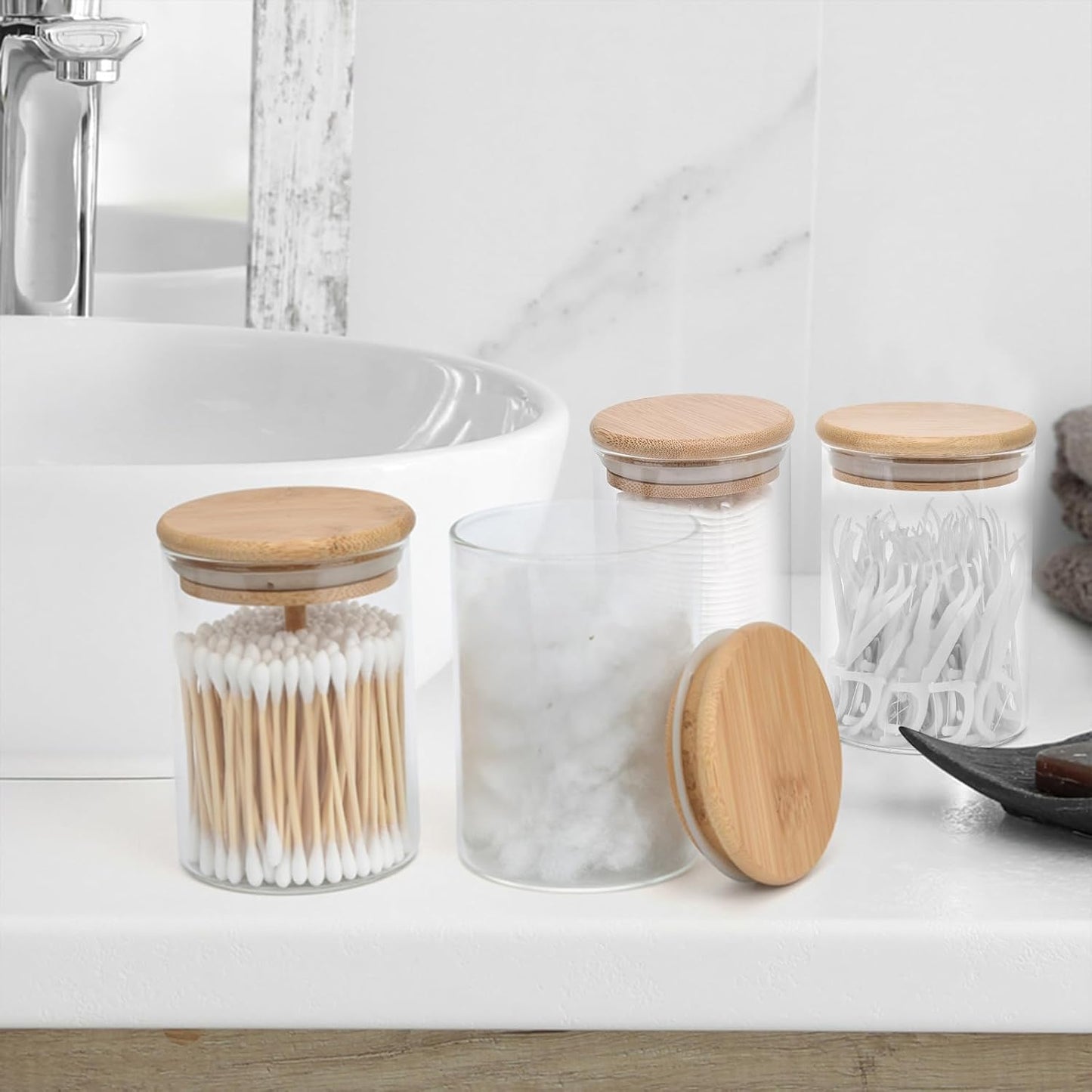 4 Pack Glass Qtip Holder Dispenser Set - Apothecary Jars with Lids for Vanity Makeup Organizer - Bathroom Canister Storage Organizer for Cotton Ball, Swab, Round Pads,Floss