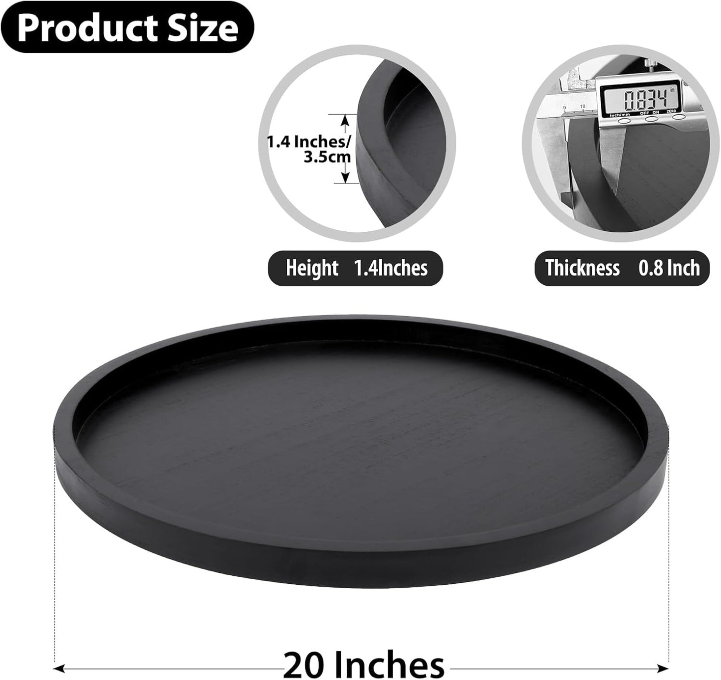 Round Ottoman Tray for Coffee Table Living Room Wood Serving Tray Large Wooden 20 Inches Black