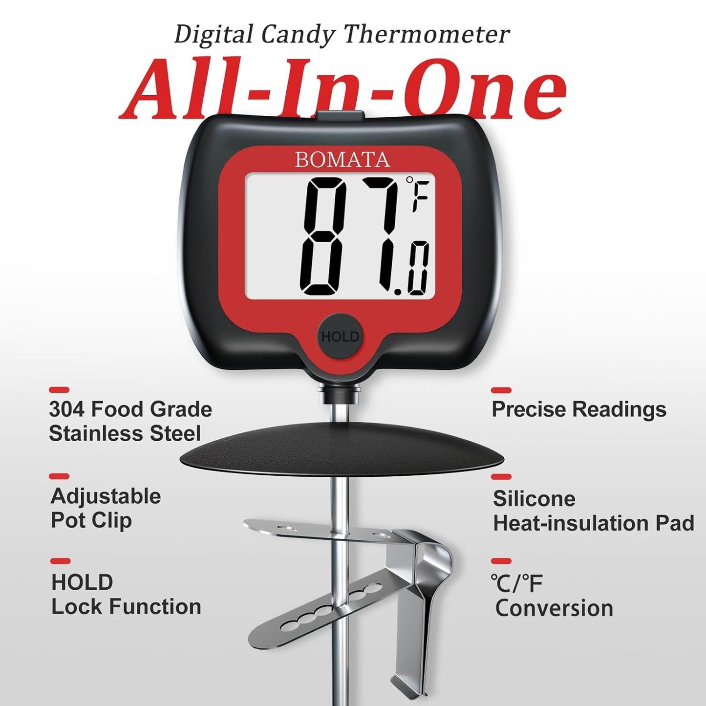 BOMATA Digital Candy Thermometer with Pot Clip, Deep Fry Oil Thermometer with Rotatable Display & Long Probe, for Candy Candle Making, Cooking, Food, Liquids, Water, Sugar.. Black