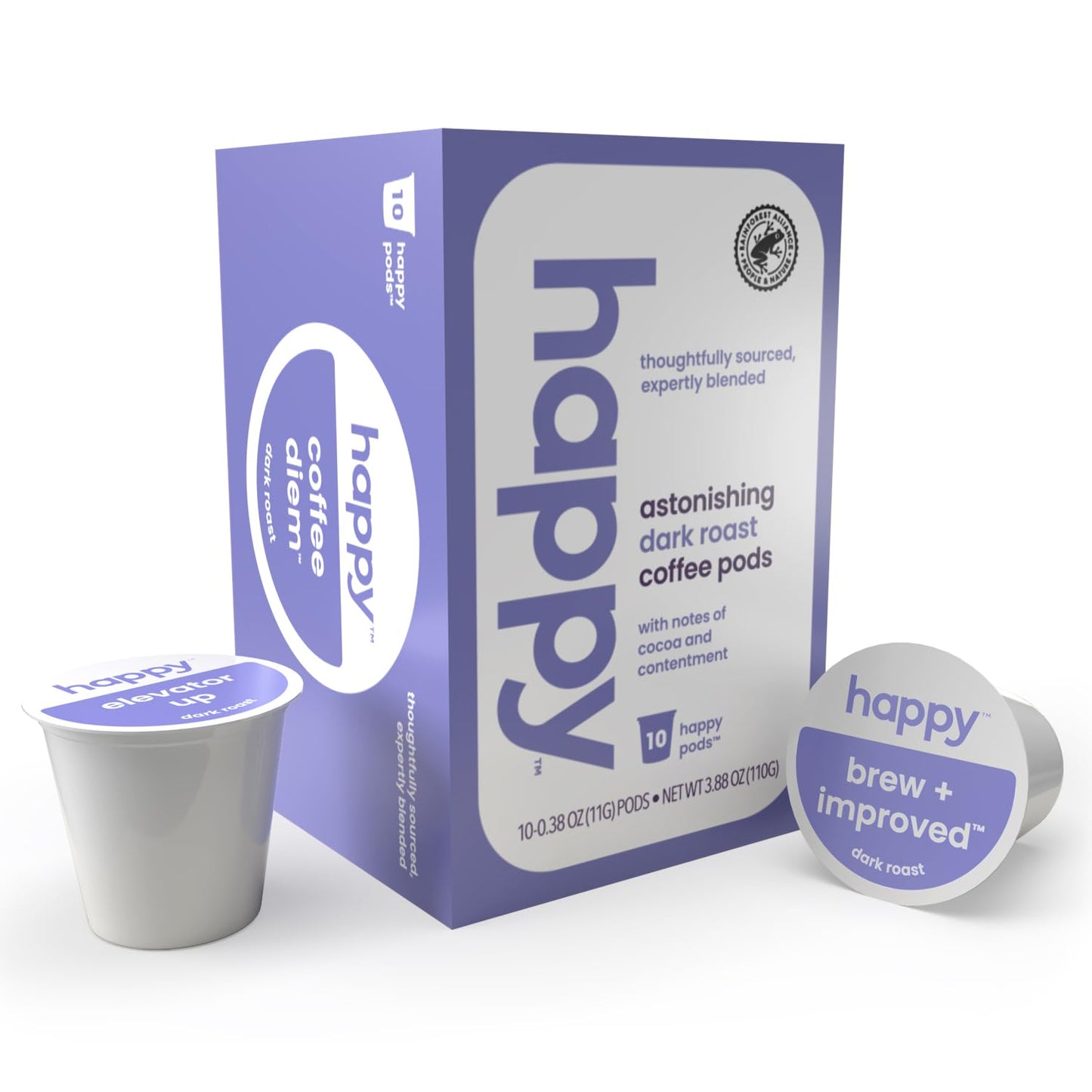 happy coffee dark roast coffee pods, 10 count, notes of cocoa & contentment, compatible with most K-cup brewers, rainforest alliance certified