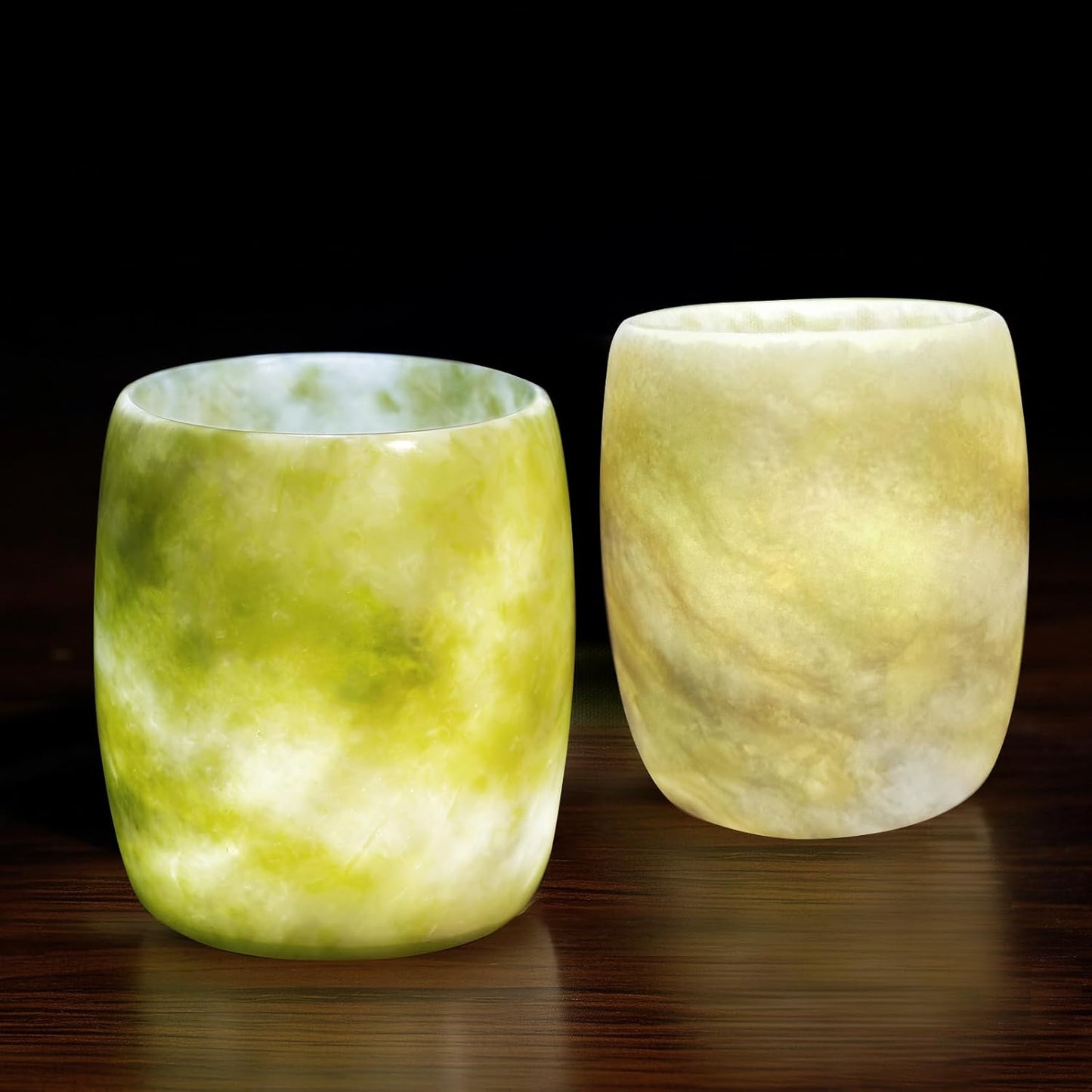 Handcrafted Natural Jade Shot Glasses – Set of 2 | 1.8 oz Whiskey, Espresso & Tequila Cups in Unique Drum Shape, Oriental Inspired Luxury Gift for Men & Whiskey Lovers