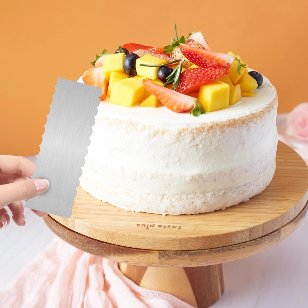 2Pcs Stainless Steel Cake Scraper - 8.6 Inch Double Sided Patterned Edge Stripe Smoother Scraper, Cake Smoother for Icing Mousse Butter Cream, Cake Decorating Comb Measuring Tool