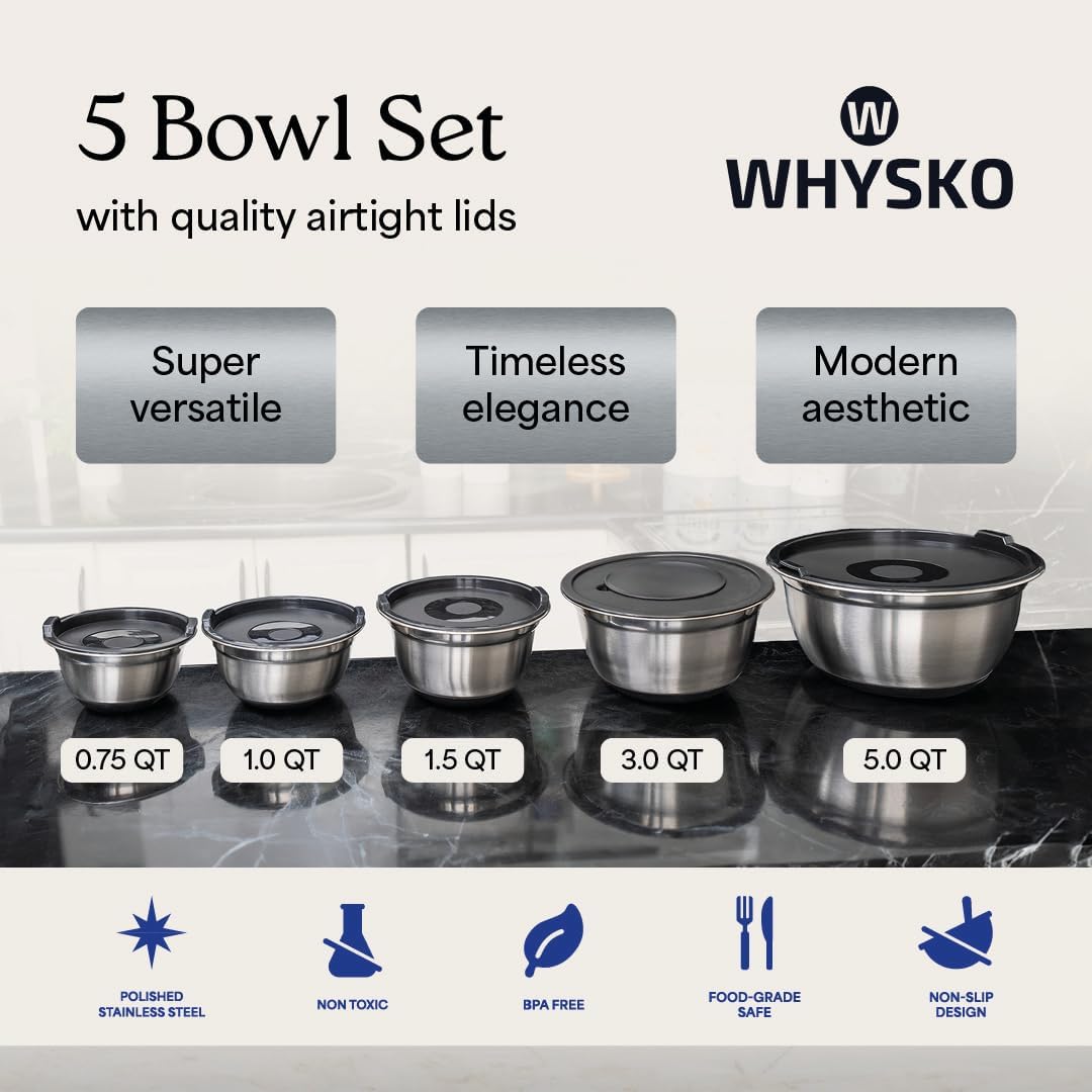WHYSKO Stainless Steel Mixing Bowls with Lids Set - 5 Rustproof Metal Nesting Mixing Bowls for Kitchen, Meal Prep, Baking, Cooking, Storage - Includes 3 Grater Attachments, Dishwasher Safe