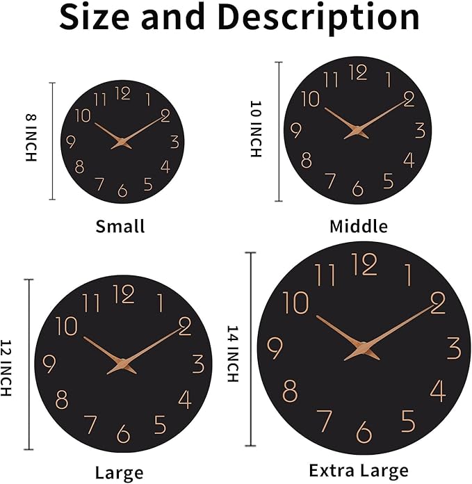 Mosewa Wall Clock 8 Inch Black Battery Operated Silent Non Ticking Simple - Image 2