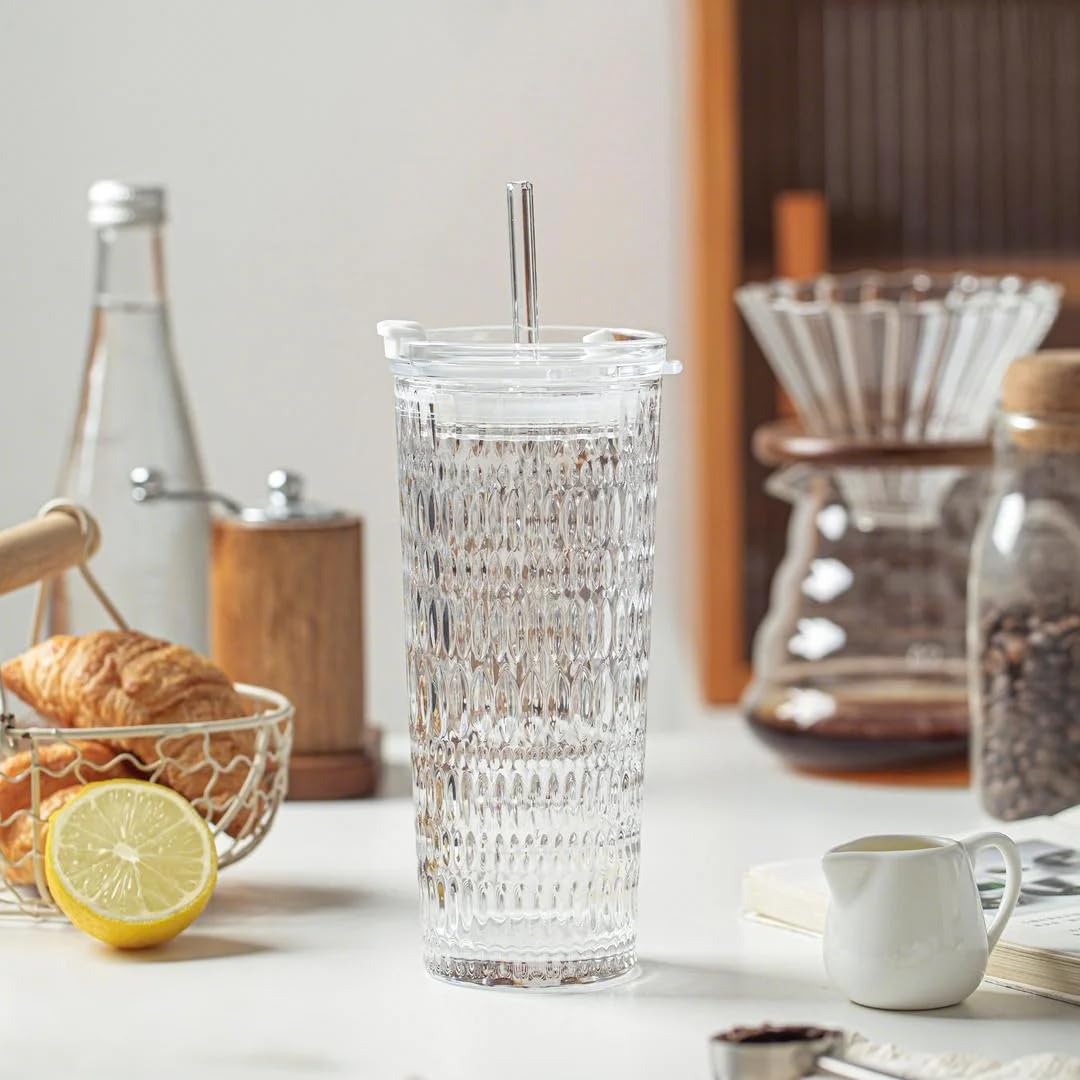 KEMORELA 18oz Glass Tumbler Set of 2 with Straw and Lid – Durable, Leak-Proof, Wide-Mouth Design – Perfect for Iced Beverages, Smoothies, and Daily Hydration Needs