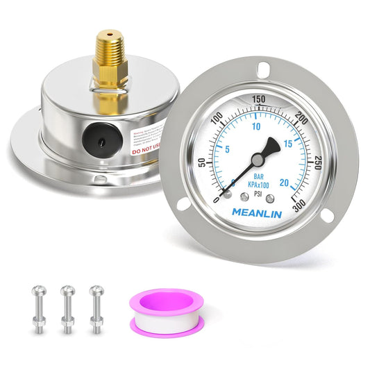 MEANLIN MEASURE 0~300Psi Liquid Filled Pressure Gauge Front Flange Panel Mount, 1/4" NPT 2.5" FACE DIAL Stainless Steel Case with Phillips Screw and Nut, +/-3-2-3%