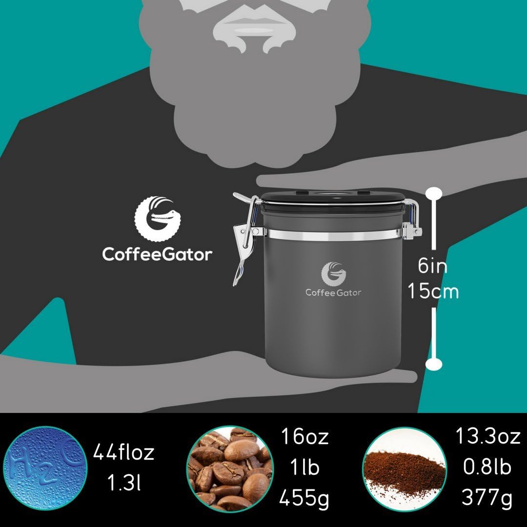 Coffee Gator Stainless Steel Canister - Medium 16oz, Gray Coffee Grounds and Beans Container with Date-Tracker, CO2-Release Valve, and Measuring Scoop - Ideal Coffee Lovers Gifts