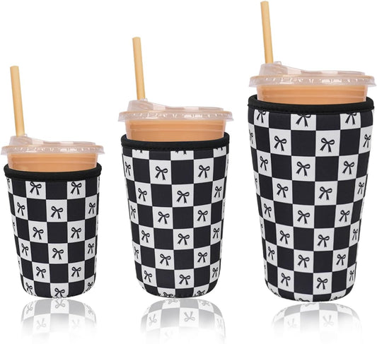 Reusable Insulated Neoprene Iced Coffee Cup Sleeve, Durable Drink Sleeve for Cold Beverages, Beverage Holder for Iced Coffee, Black Checkered Bows
