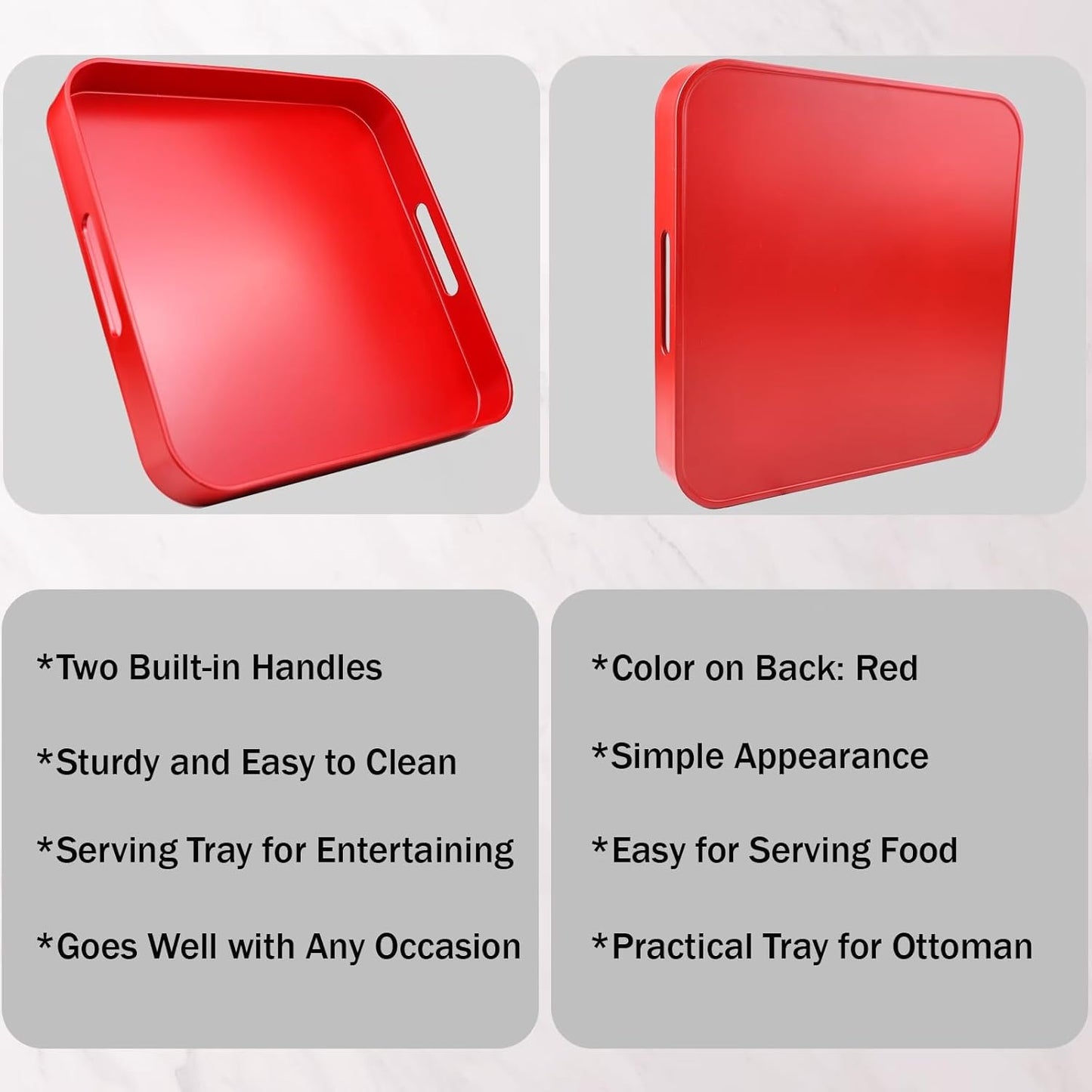 Square Red Decorative Serving Tray with Handles, Versatile Ottoman Tray for Coffee Table, Entertaining, Outdoor Patio, Living Room, 13”*13”*1.6”