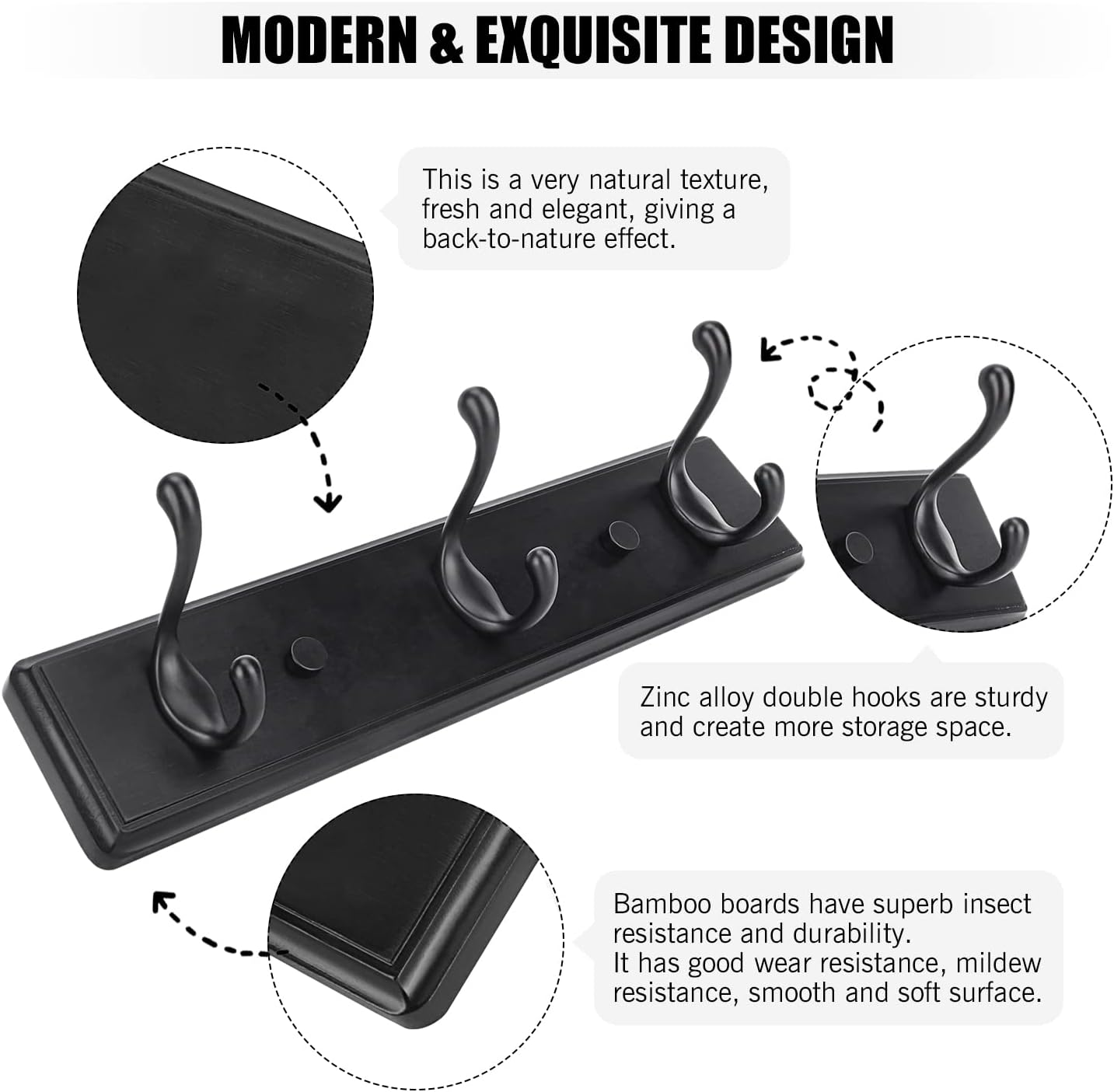 Wooden Coat Rack, Wall-Mounted Organizer for Closet, Entryway, Hallway, Foyer, Bedroom, Heavy Duty Double Hooks for Hanging Towels, Bags, Hats, Jackets, Key (Black, 3 Hooks)