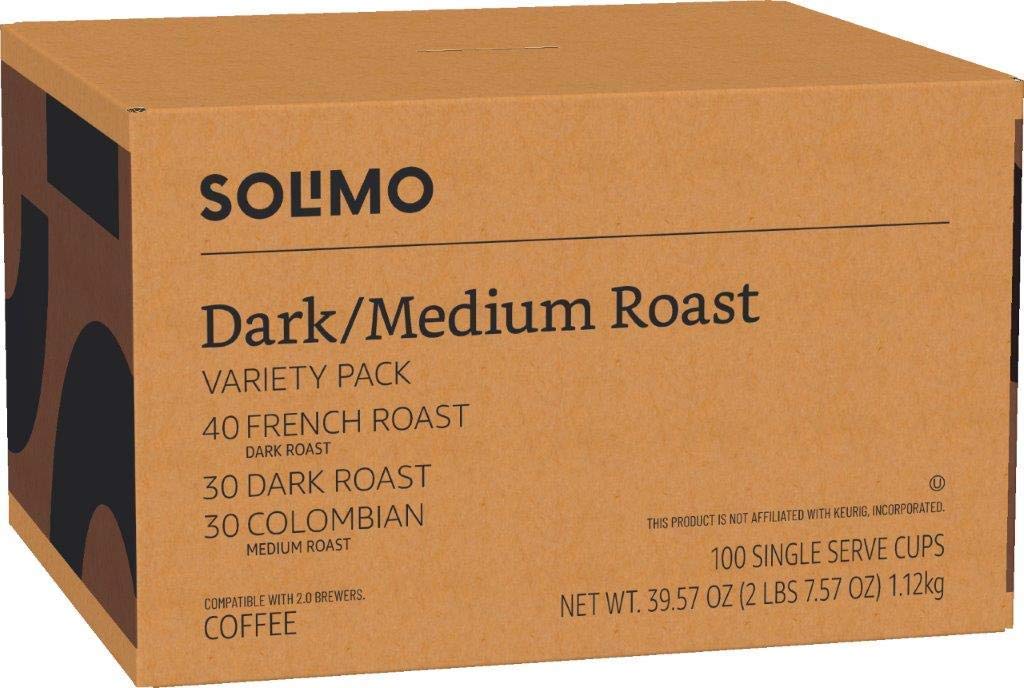 Amazon Brand - Solimo Coffee Pods, Assorted pack (French, Dark, Colombian), Compatible with Keurig 2.0 K-Cup Brewers, 100 Count (Pack of 5)