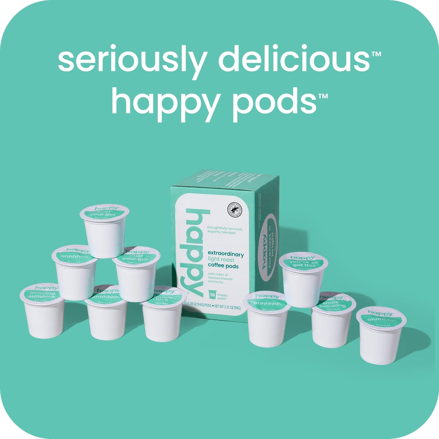 happy coffee light roast coffee pods, 60 count, notes of toasted biscotti and levity, compatible with most K-cup brewers, rainforest alliance certified