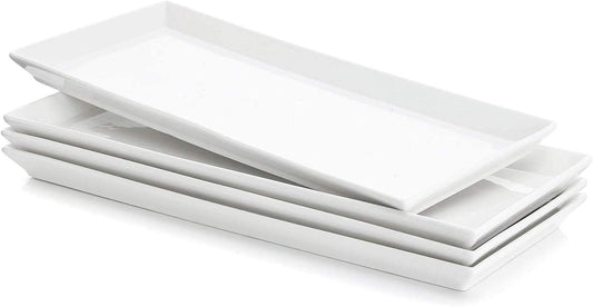 Sweese Rectangular Porcelain Platters, Serving Trays for Parties, 13.8 Inch Large Serving Dishes for Steak, Taco, Sushi, Appetizer, Cake - Dishwasher & Oven Safe - Set of 4, White