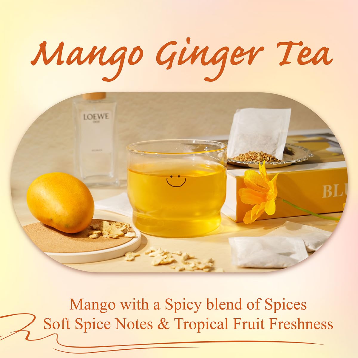 WT WEETEE Mango Ginger Tea Bags, 2g x 100 Counts, Flavored Ginger Herbal Tea Includes Cardamom, Fennel, Cinnamon, Rooibos, Licorice & More, Natural Caffeine-free