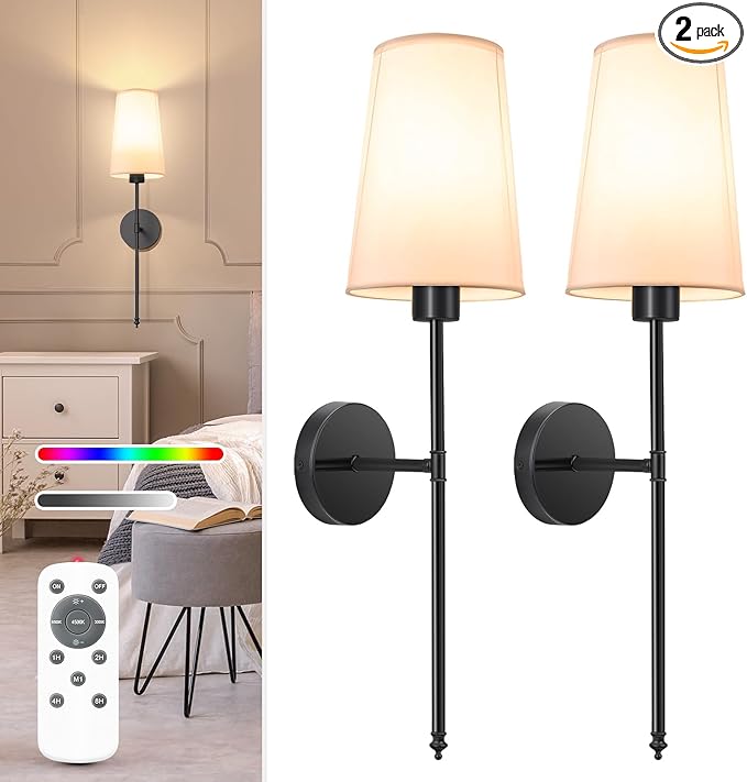NIORSUN Black Battery Operated Wall Sconce Set of 2, Rechargeable Wall Lights by NIORSUN
