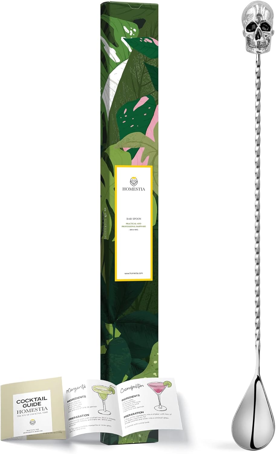 Homestia Bar Spoon Cocktail Mixing Spoon, 12-Inches Long Handle Stainless Steel Cocktail Stirrers, Spiral Design with Skull End Cocktail Spoon for Bartender Drinks, Home Use, Halloween Party