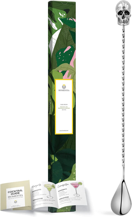 Homestia Bar Spoon Cocktail Mixing Spoon, 12-Inches Long Handle Stainless Steel Cocktail Stirrers, Spiral Design with Skull End Cocktail Spoon for Bartender Drinks, Home Use, Halloween Party