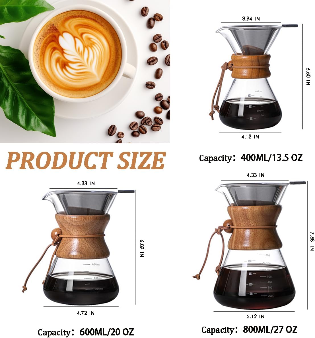 Pour Over Coffee Maker with Reusable Stainless Steel Drip Filter, Lead-Free Borosilicate Glass Coffee Carafe with Modern Wooden Collar for 1-4Cup, Circular Clear (600ml/20oz)