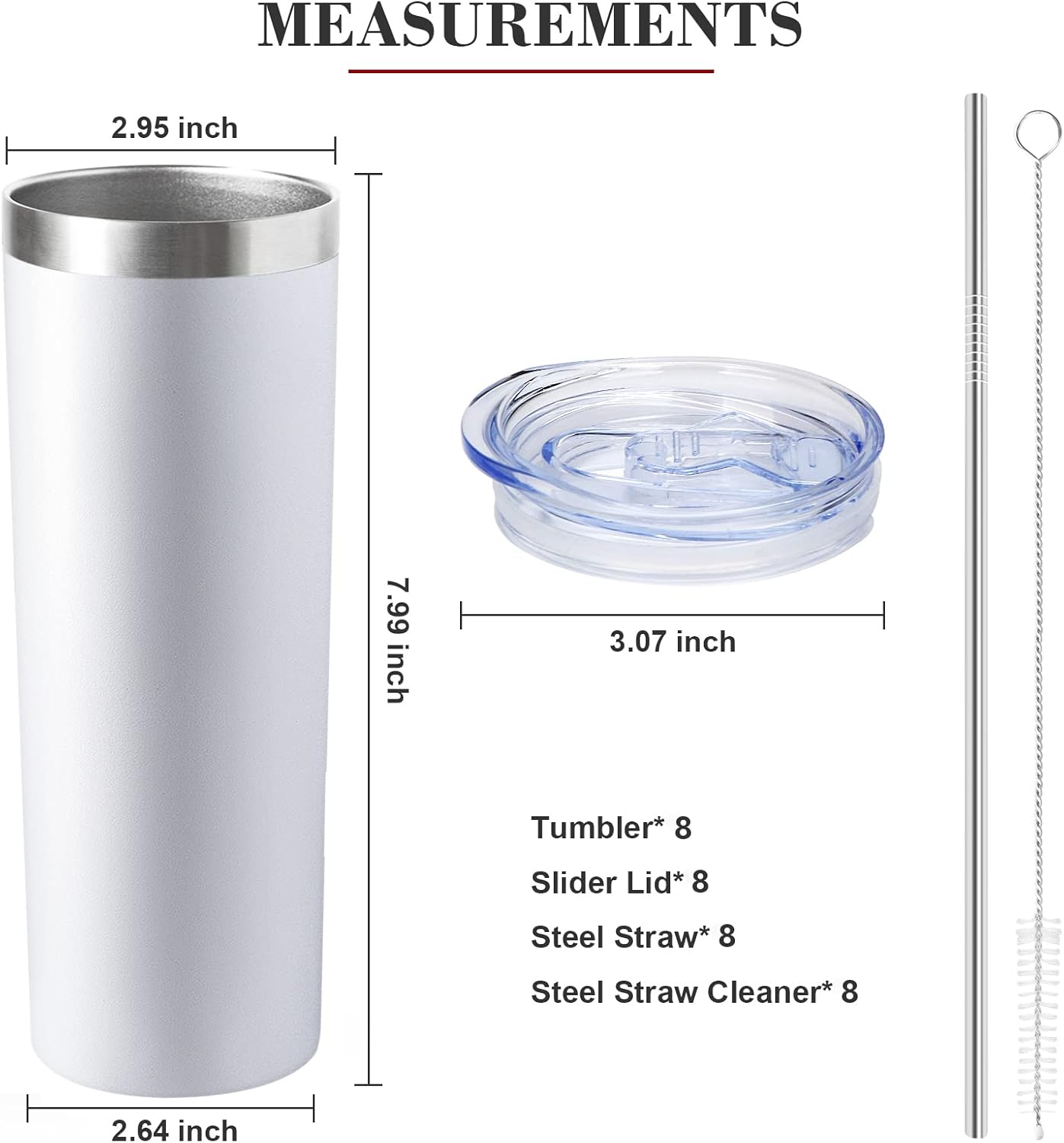 20 oz Skinny Tumblers with Lid and Straw,Stainless Steel Vacuum Insulated Tumbler Cup Double Wall Travel Coffee Mug, Thermal Water Tumbler for Hot and Cold Drinks(White,8)