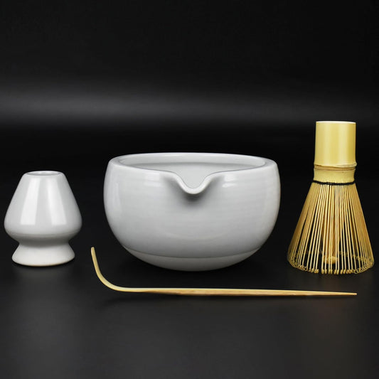 Artcome 4 Pcs Complete Matcha Tea Ceremony Kit - Bowl, Whisk, Whisk Holder, Tea Scoop - For Usucha, Koicha and Matcha Latte (White)