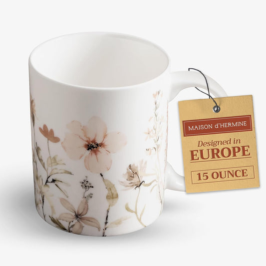Maison d' Hermine Coffee Mug with Handles Fine Bone China Mugs Pack of One Tea Cups for Hot Beverages Cappuccino Latte Home Office Perfect for Gift (Ice Florals - Romantic Morning, 15 Ounce)