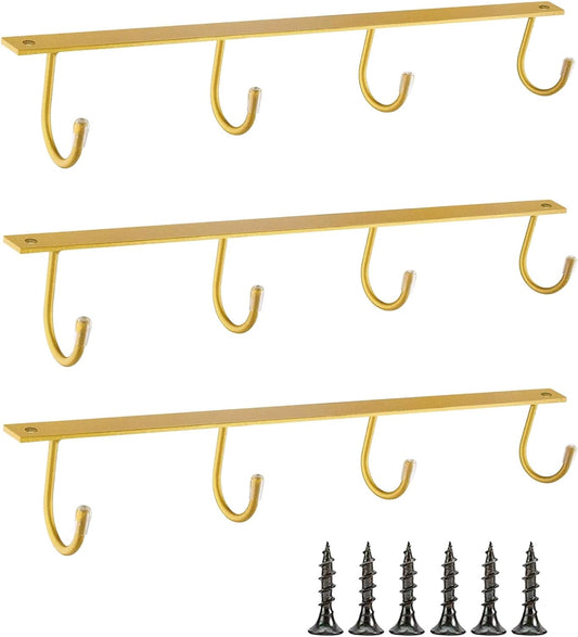 Mug Hanger Under Cabinet 3 Pcs Iron Mug Rack Wall Mounted Coffee Cup Rack Storage Organizer for Kitchen Dining Bar - Gold