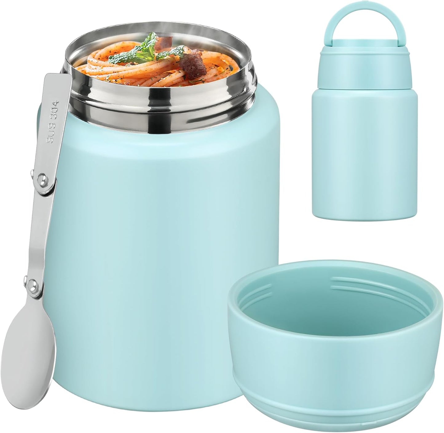 Soup Thermo for Hot Food Kids 16oz Insulated Food Jar Leakproof Thermo Lunch Container for Kids Wide-Mouth Stainless Steel Lunch Box for School with Handle Folding Spoon(3+)