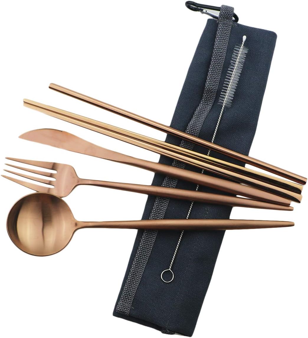 Gugrida Reusable Travel Utensils, 7 Piece Portable 304 Stainless Steel including Knife Fork Spoon Chopsticks Cleaning Brush Straws Portable Pouch, Eco-friendly Camping Silverware Set, Dishwasher Safe