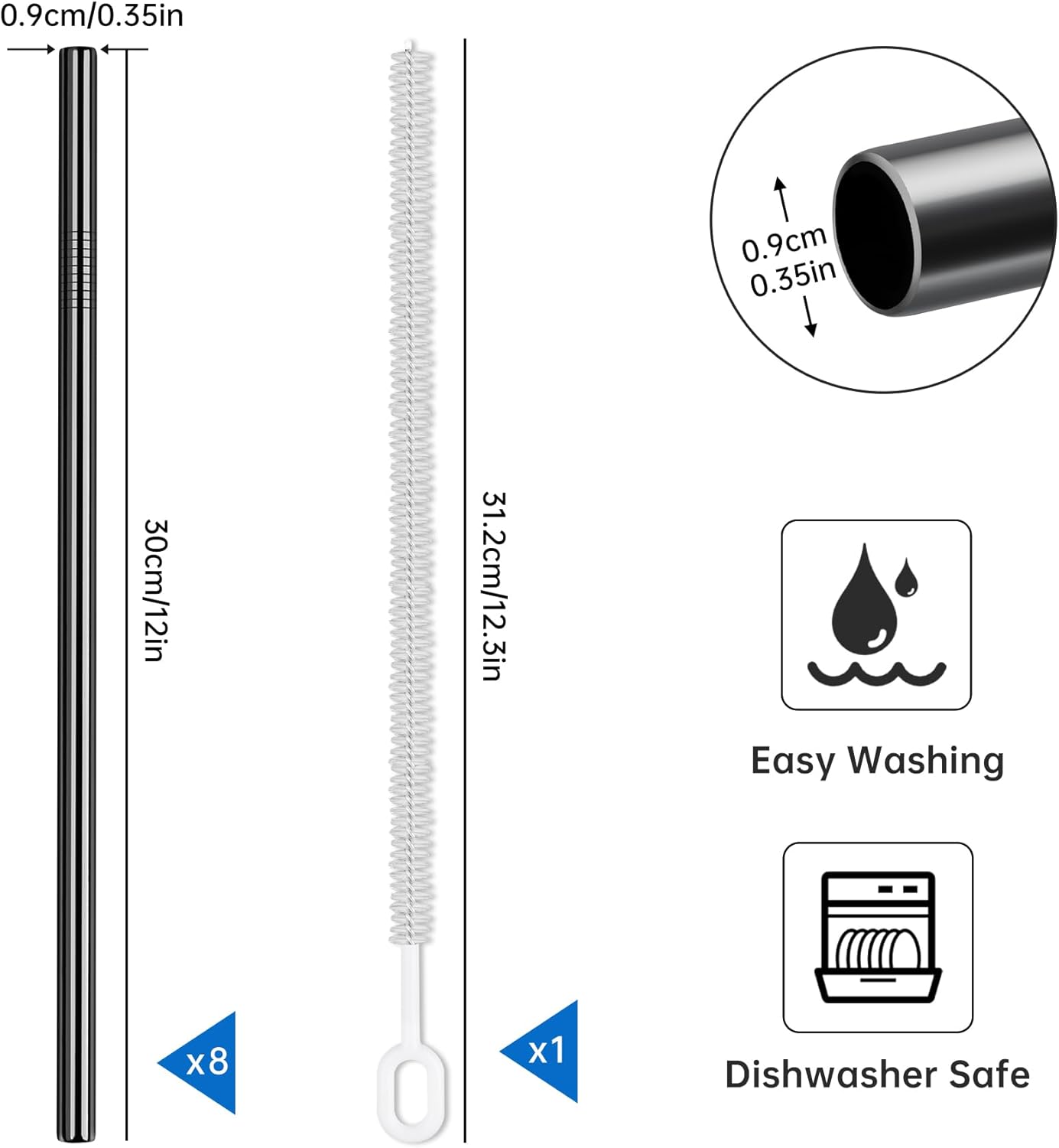 Tomorotec 8-Pack Stainless Steel Straws for Stanley Tumbler 40oz, 12" Metal Straws for Stanley Cup with Brush, Reusable Drinking Straws for Smoothies, Milkshakes, Dishwasher Safe and BPA-Free (Black)