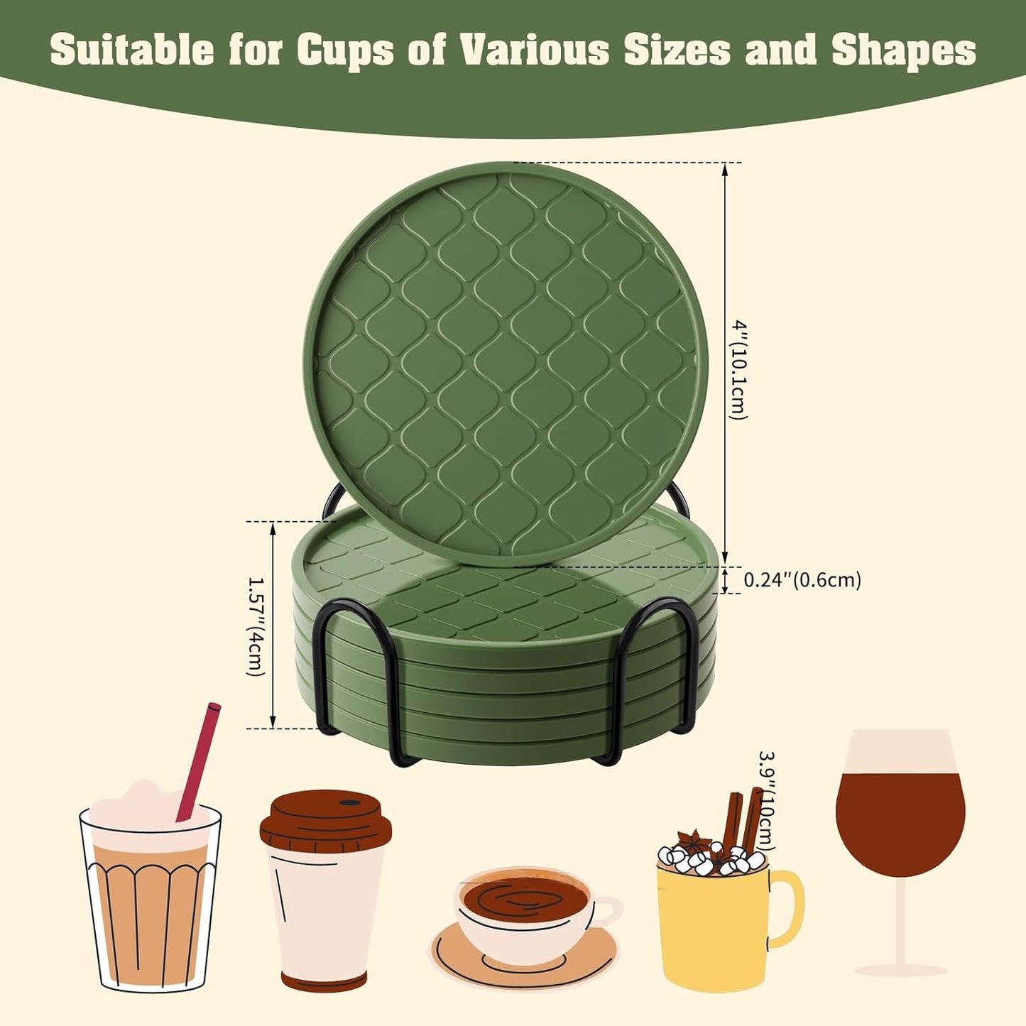 Coasters Set of 6,Hot or Cold Drink Coasters with Holder,Modern Style Coffee Table Coaster,Suitable for Kinds Cups Beer,Drink,Anti-Overflow Tabletop Protection(Green, 6pcs)