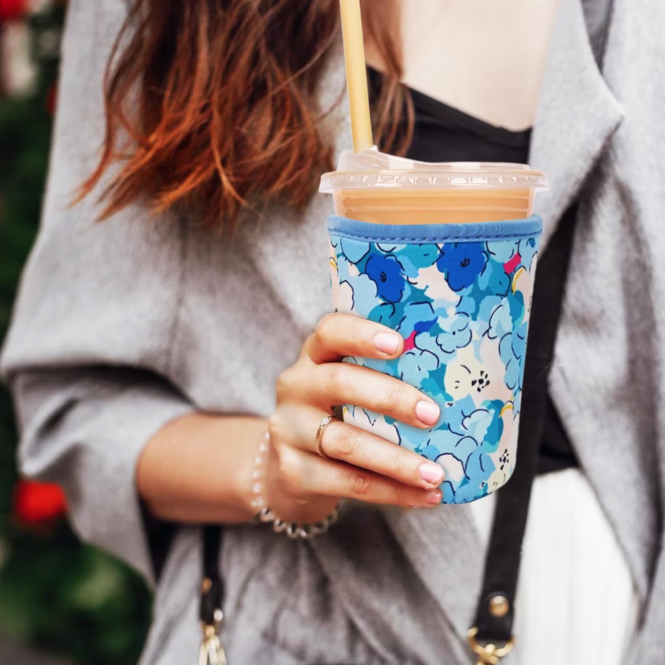 Reusable Insulated Neoprene Iced Coffee Cup Sleeve, Durable Drink Sleeve for Cold Beverages, Beverage Holder for Iced Coffee, Misty Blossom