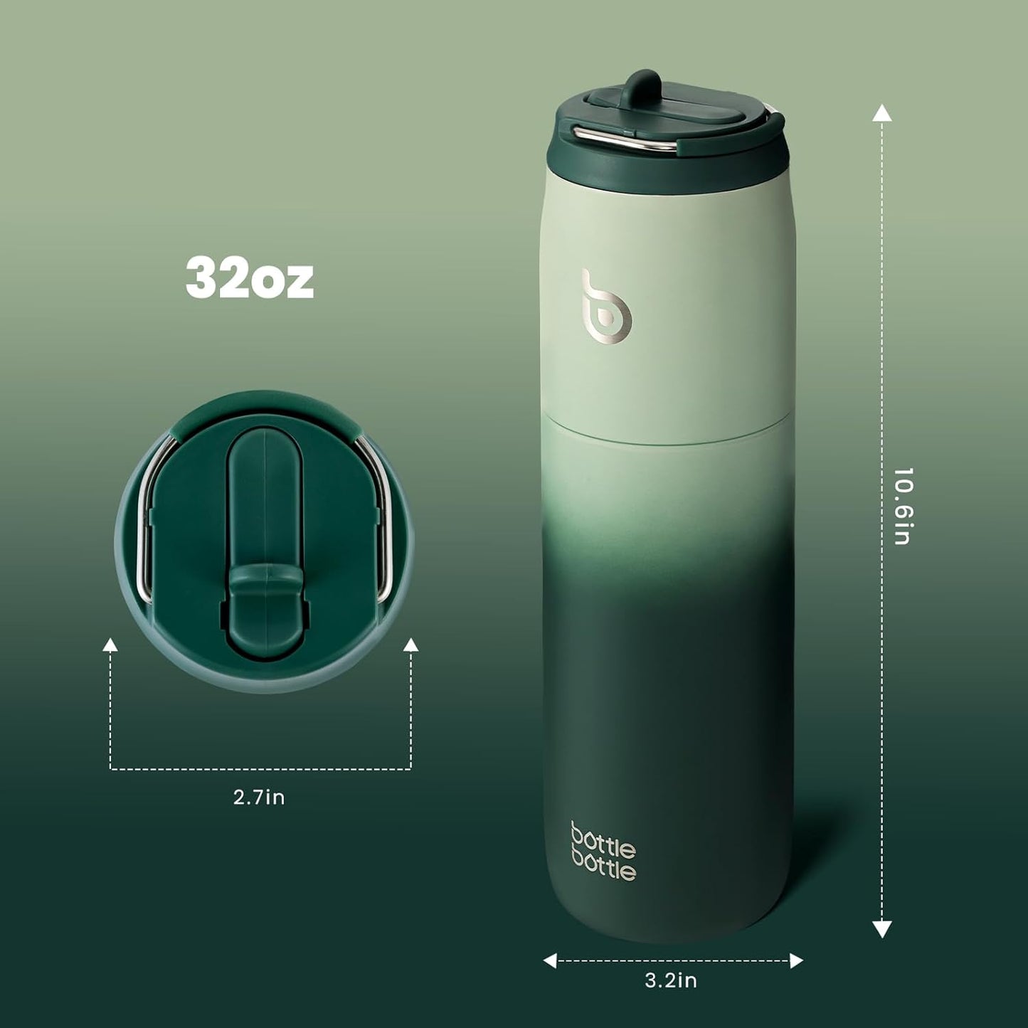 BOTTLE BOTTLE Stainless Steel Water Bottle with Straw and Lid, 32 oz Vacuum Insulated Flask Stay Cold for 24 Hrs Hot for 12 Hrs Leak-Proof Wide Mouth Sports Water Bottles for Men green