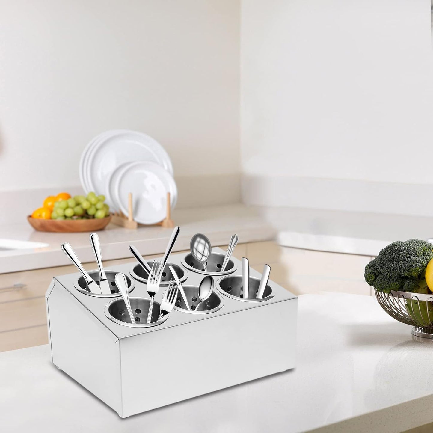 Stainless Steel Flatware Utensil Holder, Commercial 6-Hole Cylinder Silverware Organizer for Countertop Restaurant