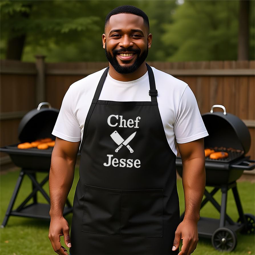 Personalized Chef Apron for Men, Custom Embroidered Design, Professional Kitchen Cooking BBQ Grilling for Dad, Decorated in USA